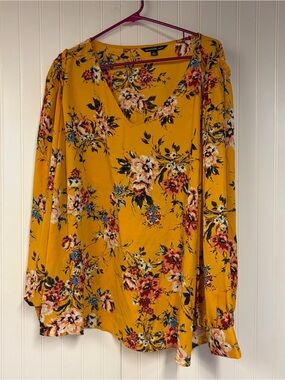 Zac & Rachel Yellow Floral V-Neck Long Sleeve Blouse 3X